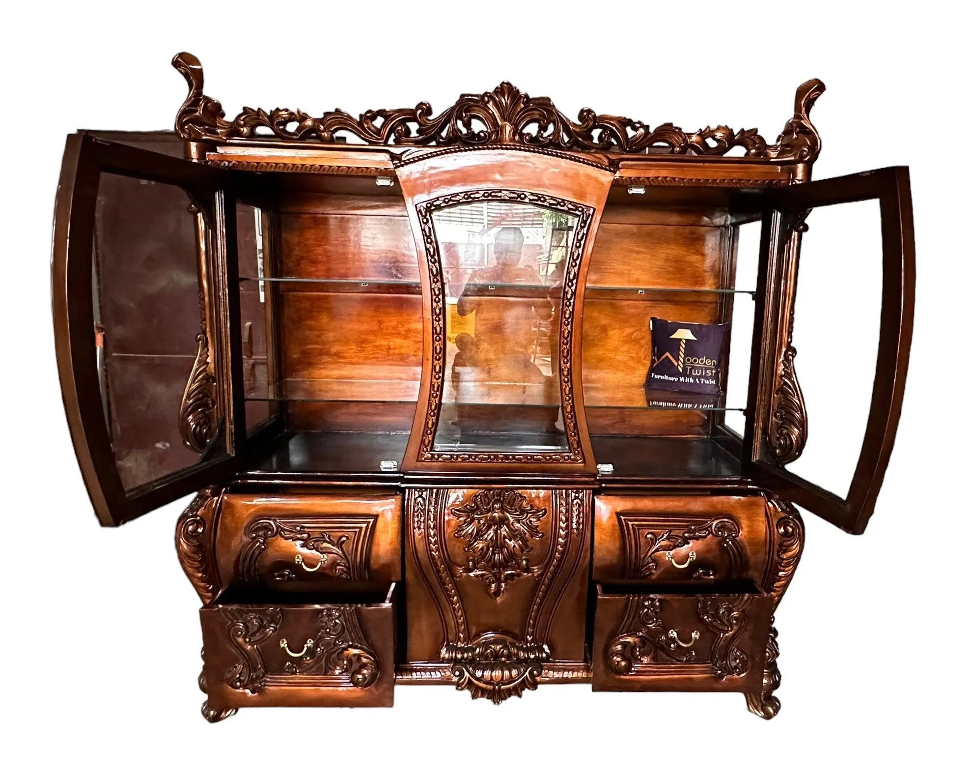 Wooden Twist Extended Royal Hand Carved Teak Wood Kitchen Cabinet Wardrobe ( Copper Finish )